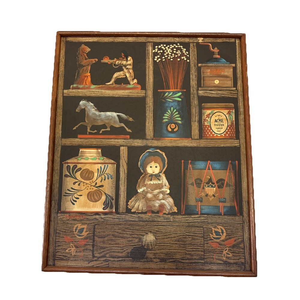 Vintage Huntington Folk Art Oil On Canvas Shadow Box Scene 27”x33”